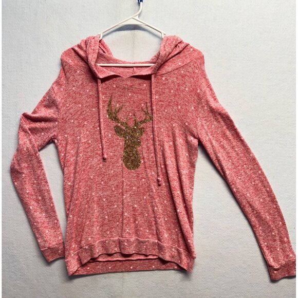 Merry Christmas Tops - Red Heathered Hoodie W/ Gold Glitter Deer Print Polka Dot Pattern Size Small